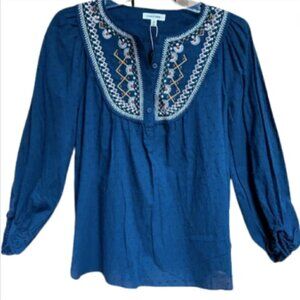 Max Studio Indigo Blue Boho Embroidered Peasant Flowy Blouse, XS